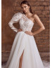 One Shoulder Ivory Lace Organza Slit Wedding Dress